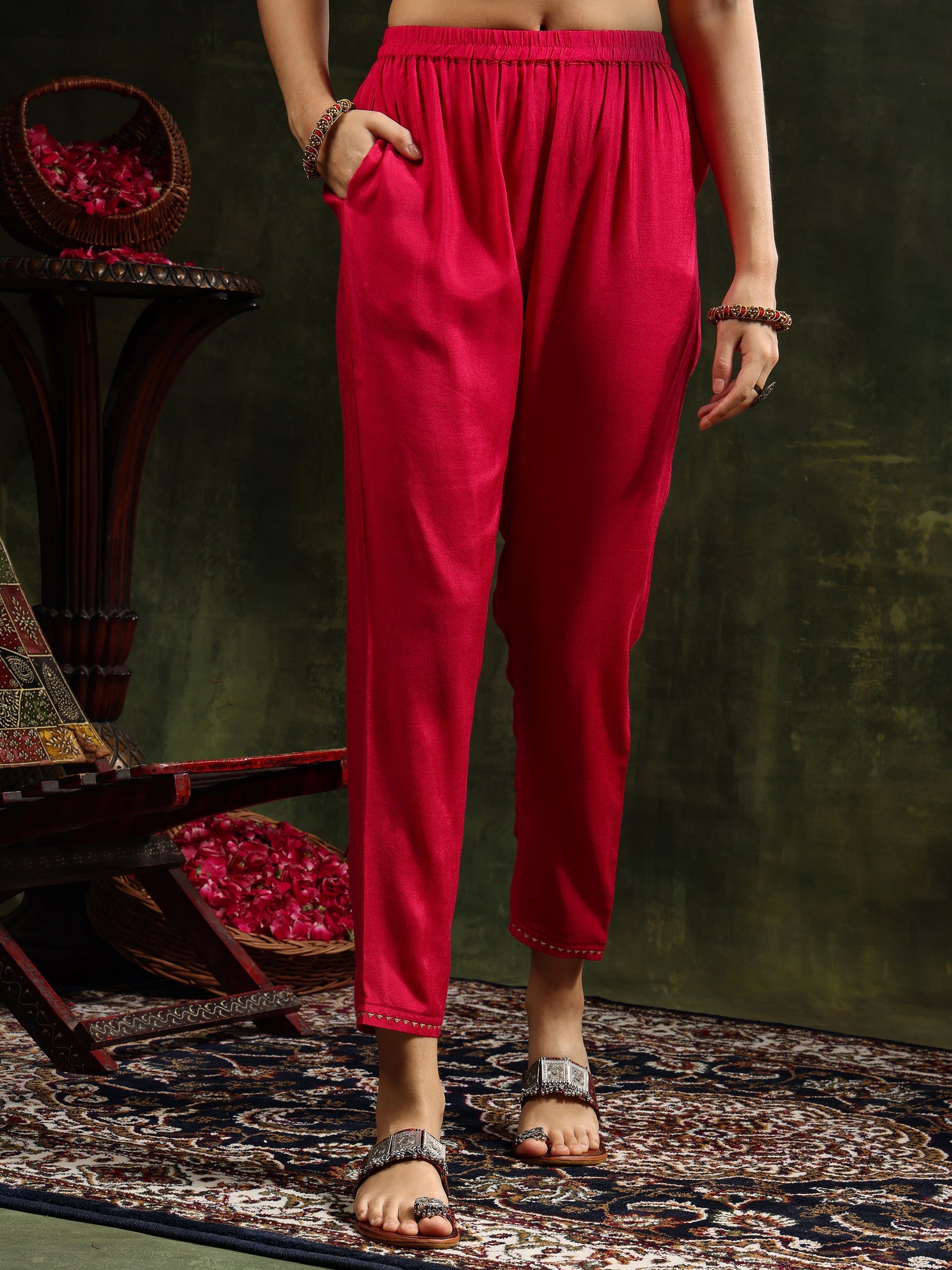 Embroidered & Printed Pure Silk Kurta With Pant & Printed Dupatta, Rani - Hiral Fashion