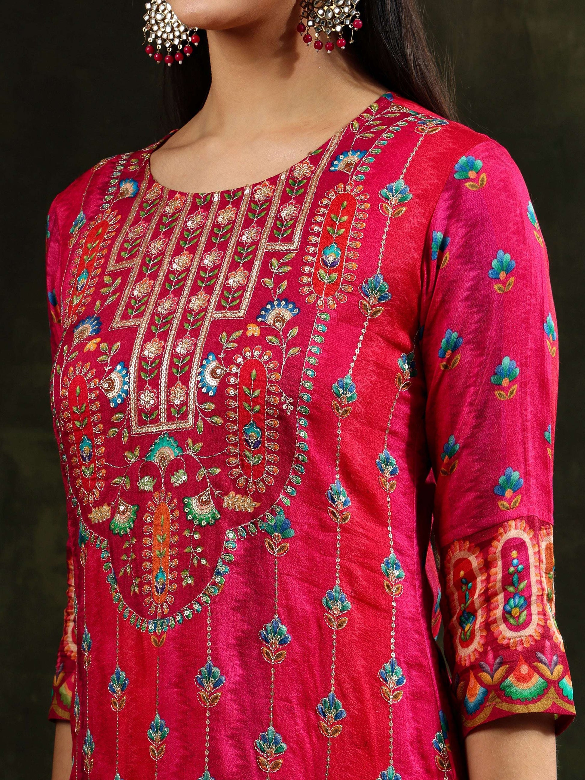 Embroidered & Printed Pure Silk Kurta With Pant & Printed Dupatta, Rani - Hiral Fashion