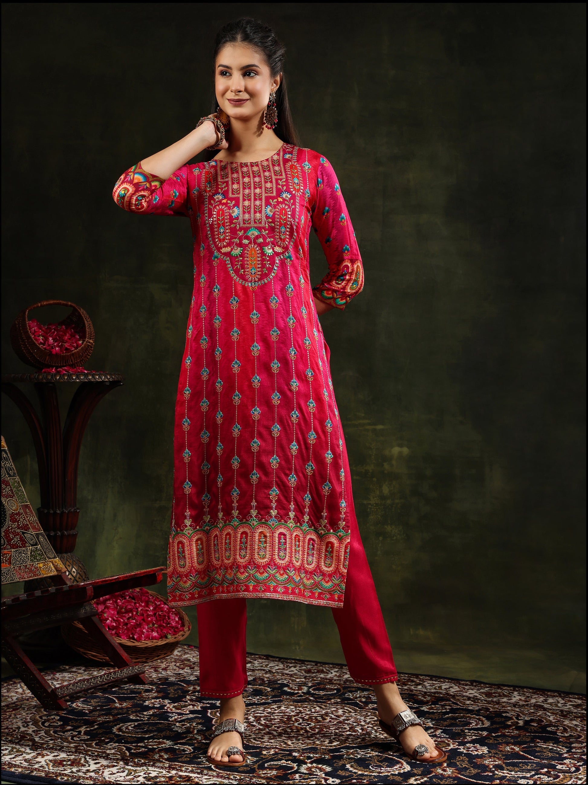 Embroidered & Printed Pure Silk Kurta With Pant & Printed Dupatta, Rani - Hiral Fashion