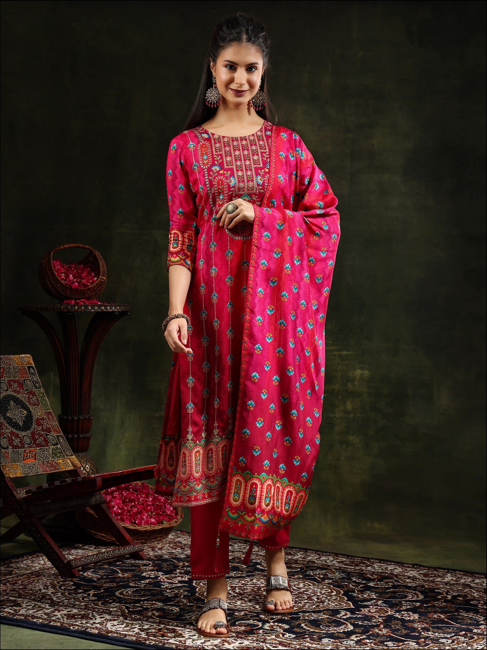 Embroidered & Printed Pure Silk Kurta With Pant & Printed Dupatta, Rani - Hiral Fashion