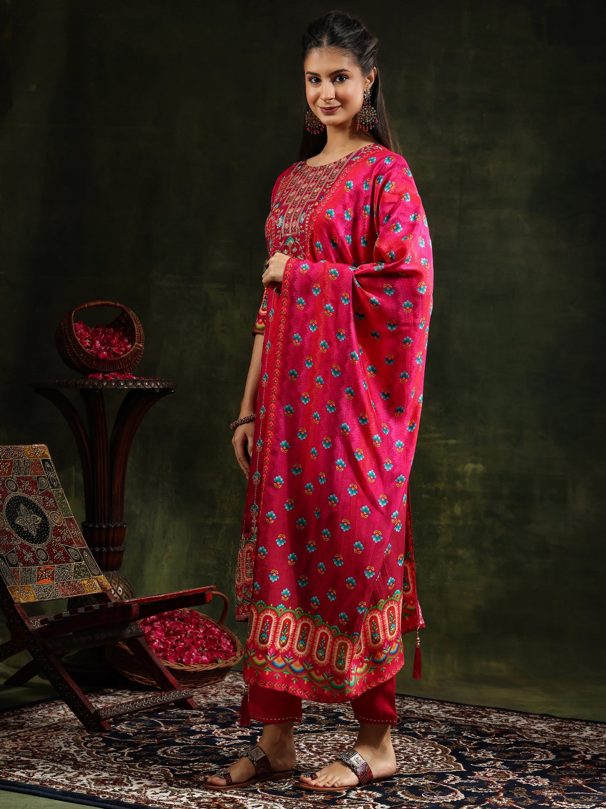 Embroidered & Printed Pure Silk Kurta With Pant & Printed Dupatta, Rani - Hiral Fashion