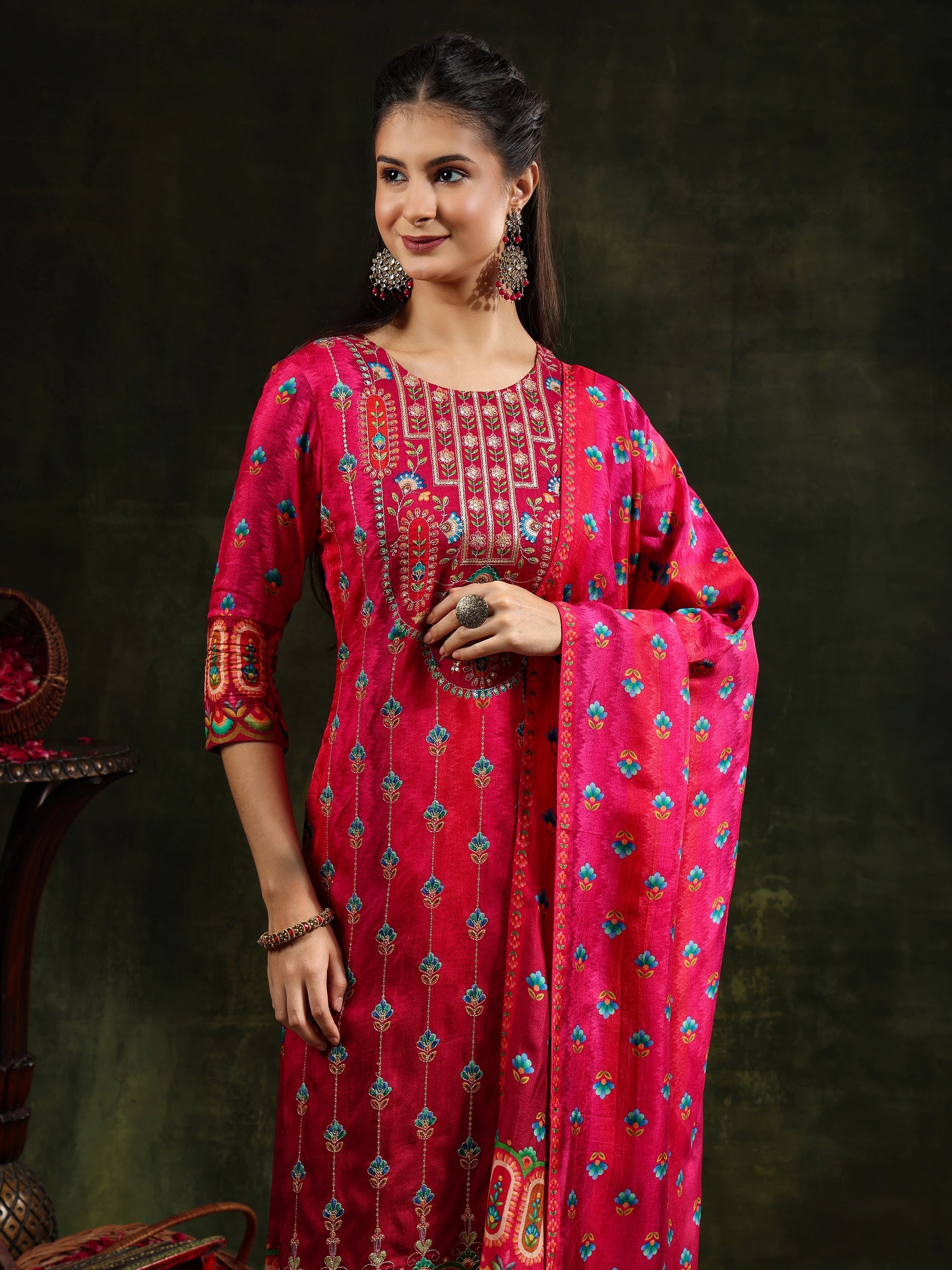 Embroidered & Printed Pure Silk Kurta With Pant & Printed Dupatta, Rani - Hiral Fashion