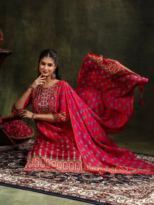 Embroidered & Printed Pure Silk Kurta With Pant & Printed Dupatta, Rani - Hiral Fashion