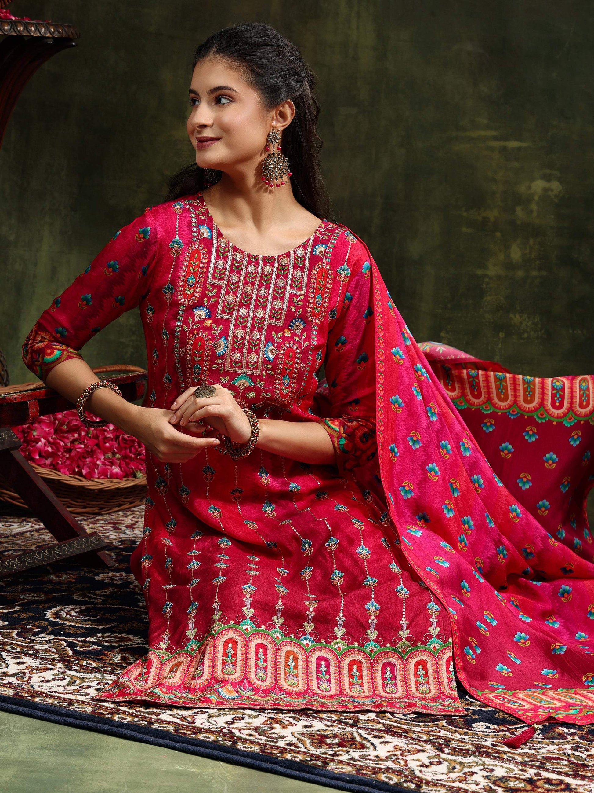 Embroidered & Printed Pure Silk Kurta With Pant & Printed Dupatta, Rani - Hiral Fashion