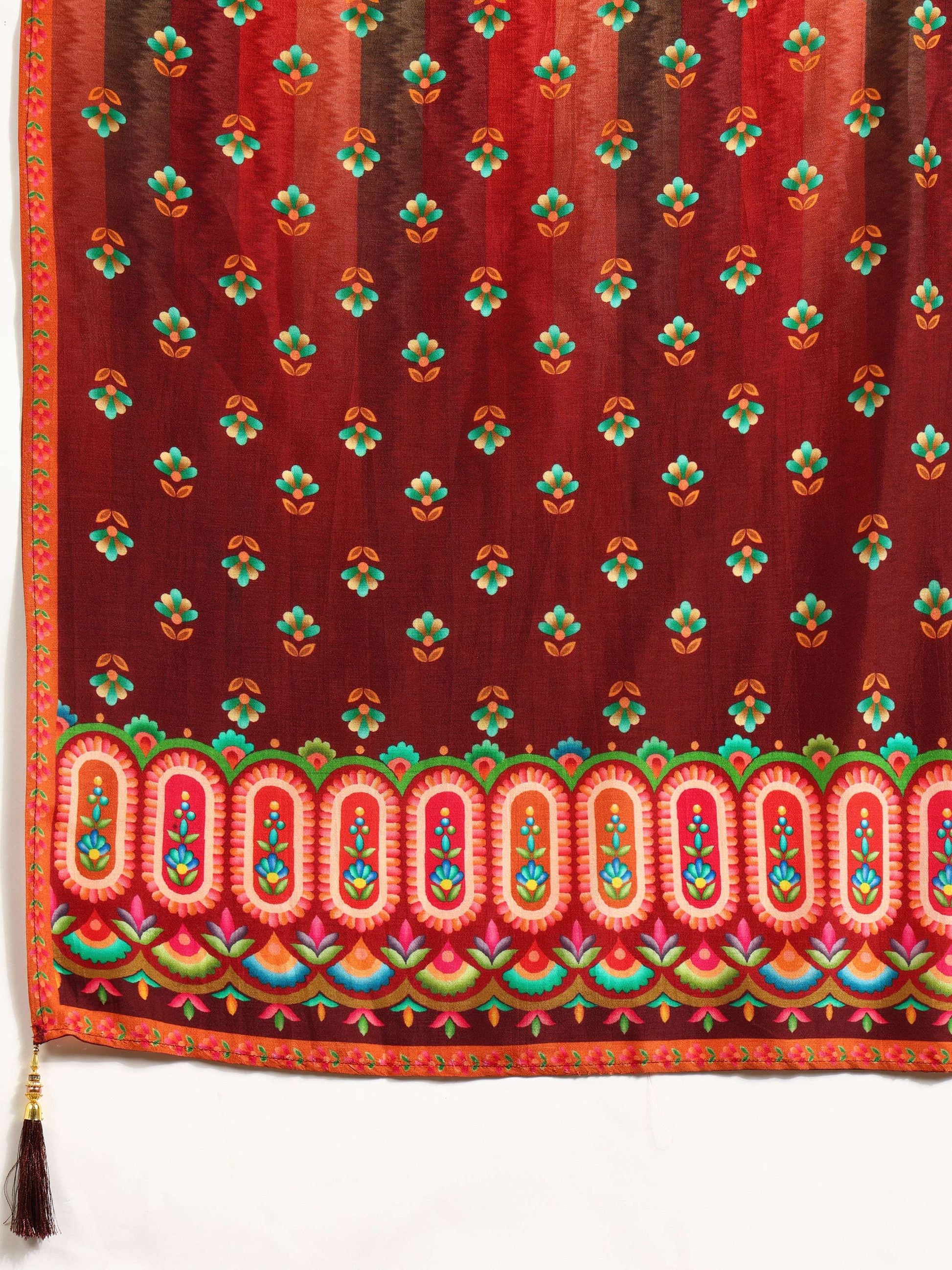 Embroidered & Printed Pure Silk Kurta With Pant & Printed Dupatta, Rust - Hiral Fashion