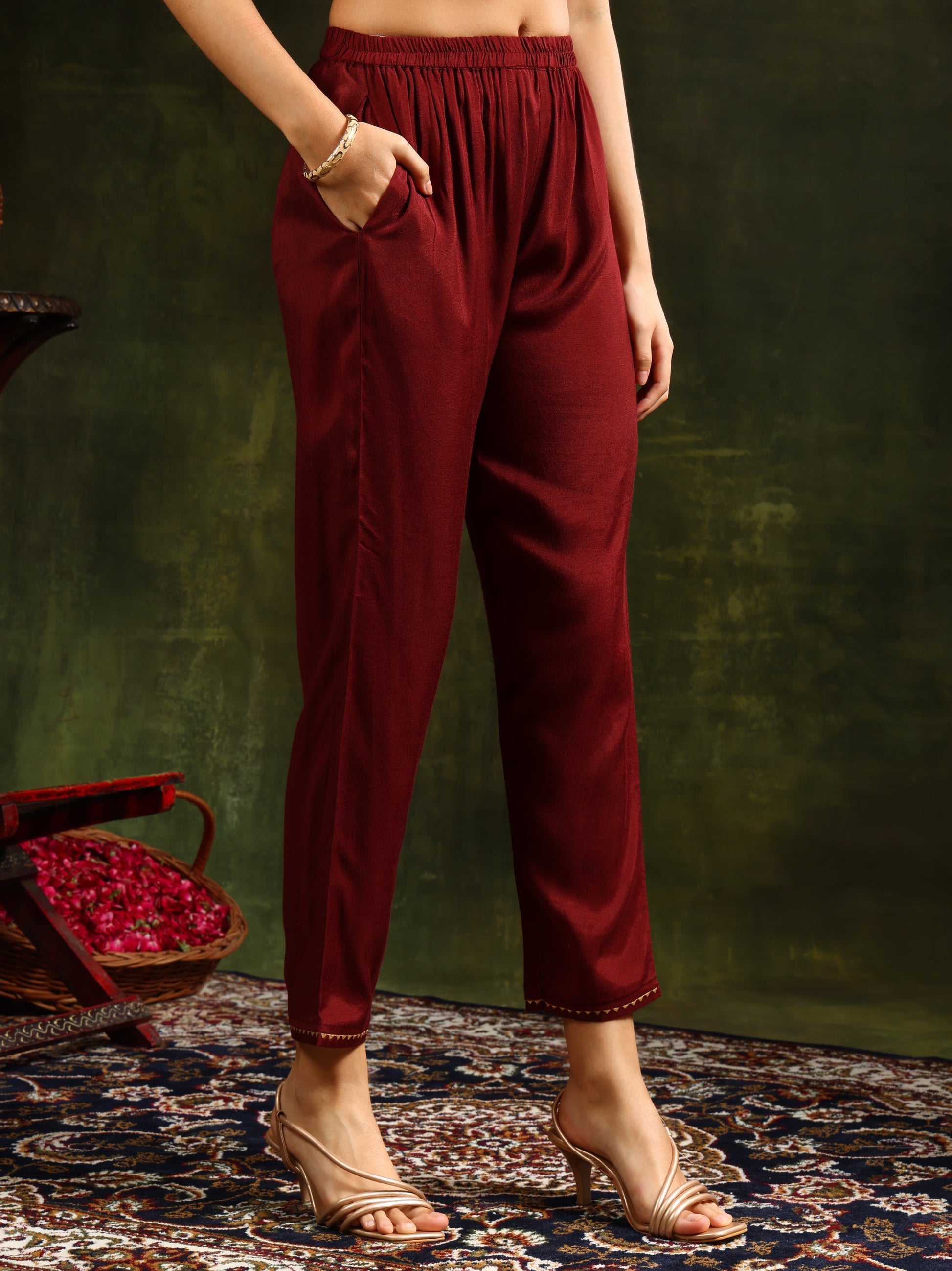 Embroidered & Printed Pure Silk Kurta With Pant & Printed Dupatta, Rust - Hiral Fashion