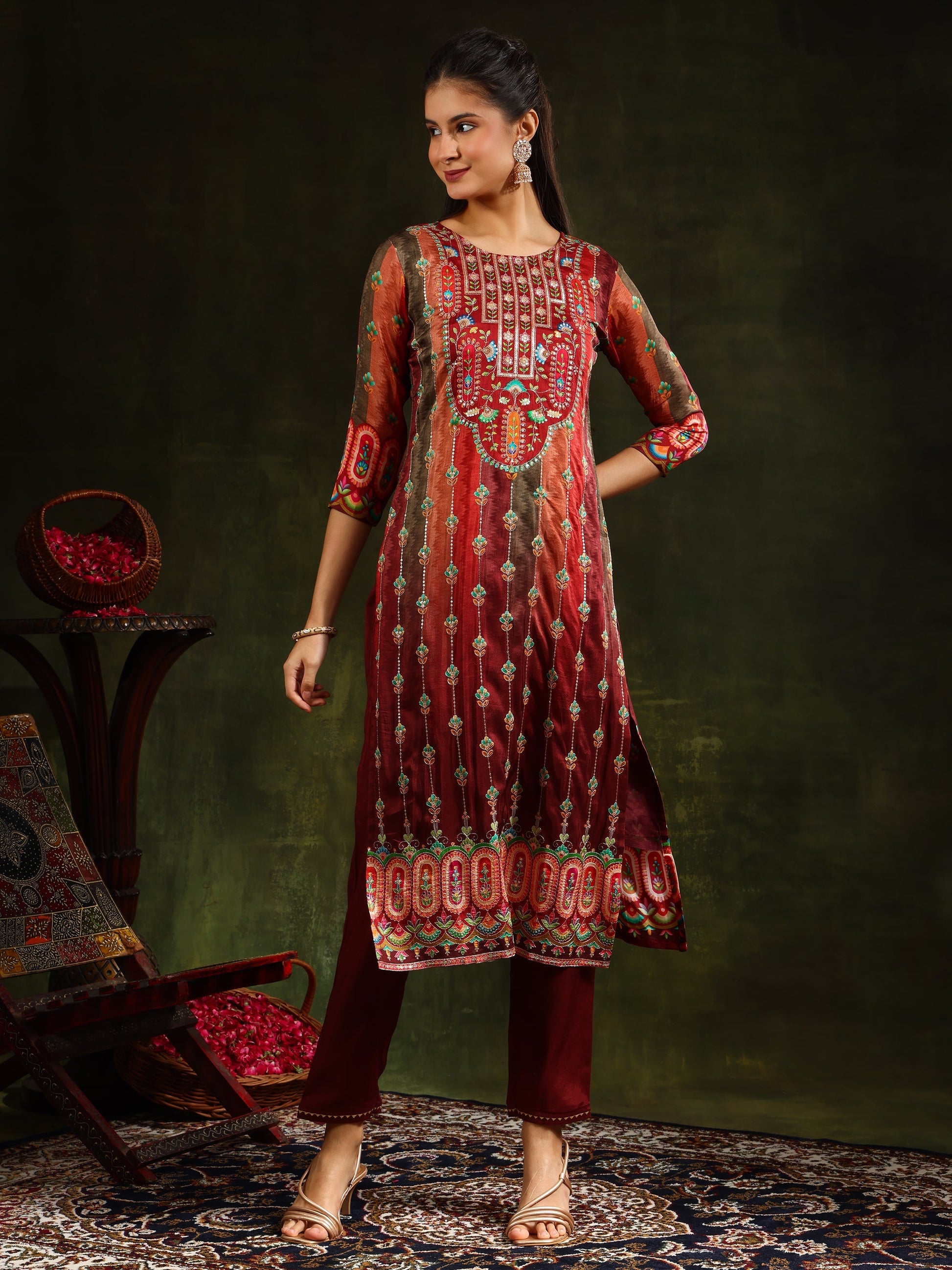 Embroidered & Printed Pure Silk Kurta With Pant & Printed Dupatta, Rust - Hiral Fashion