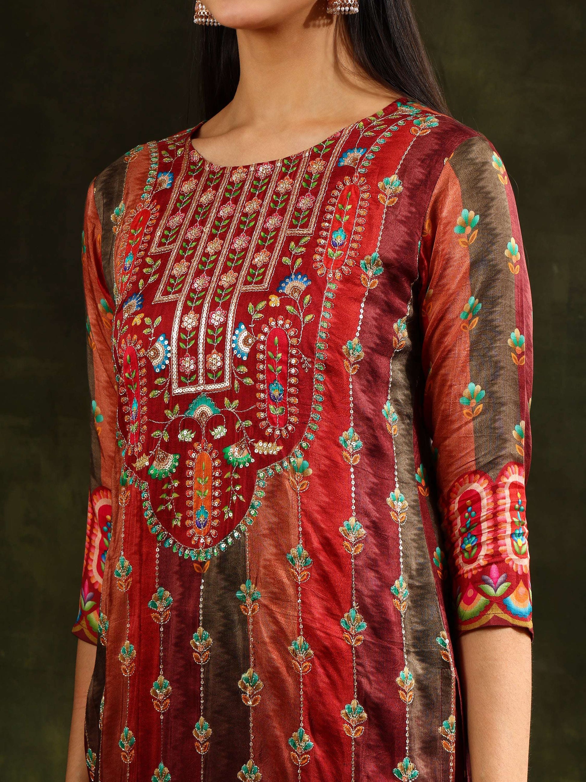 Embroidered & Printed Pure Silk Kurta With Pant & Printed Dupatta, Rust - Hiral Fashion