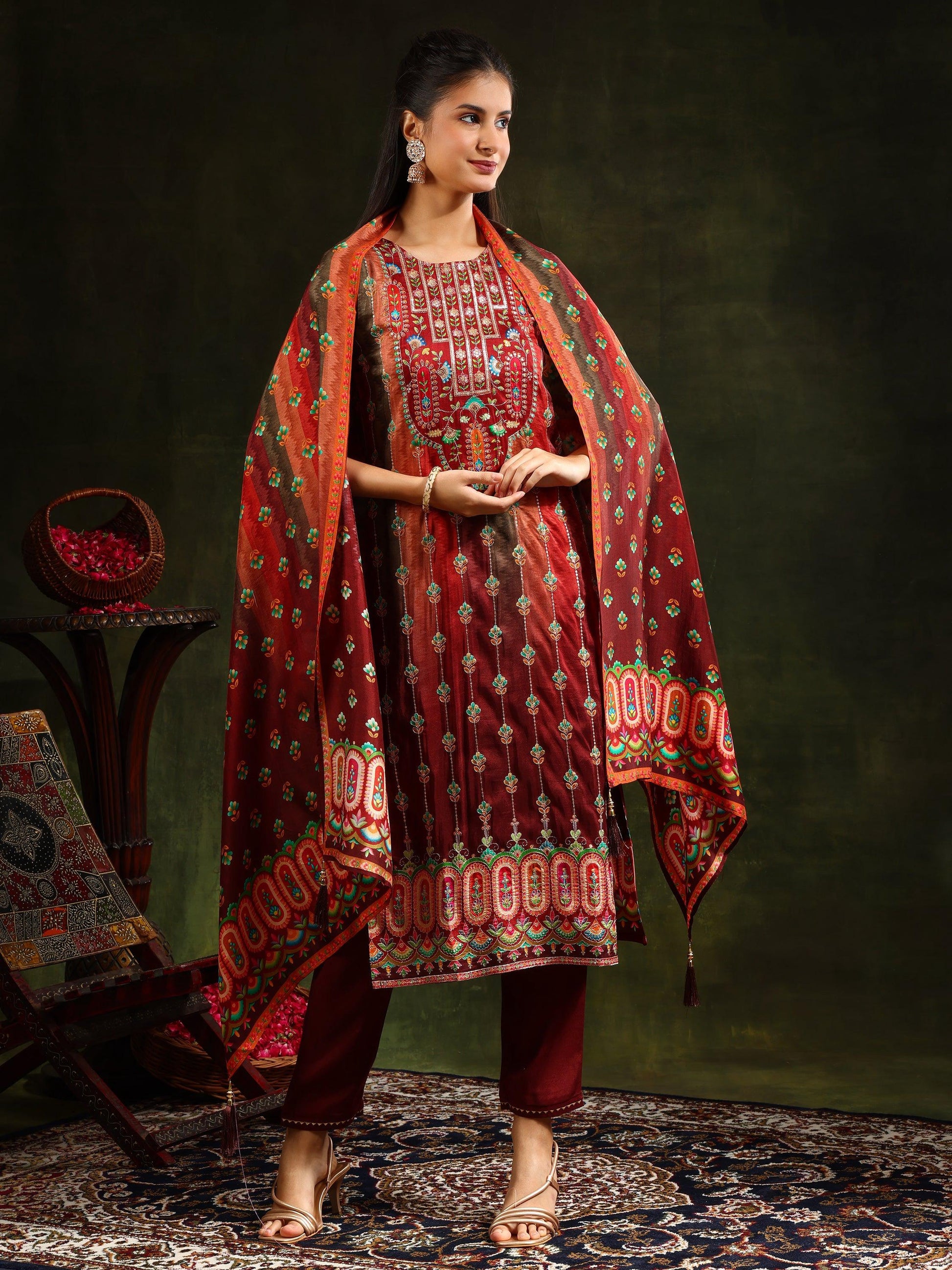 Embroidered & Printed Pure Silk Kurta With Pant & Printed Dupatta, Rust - Hiral Fashion