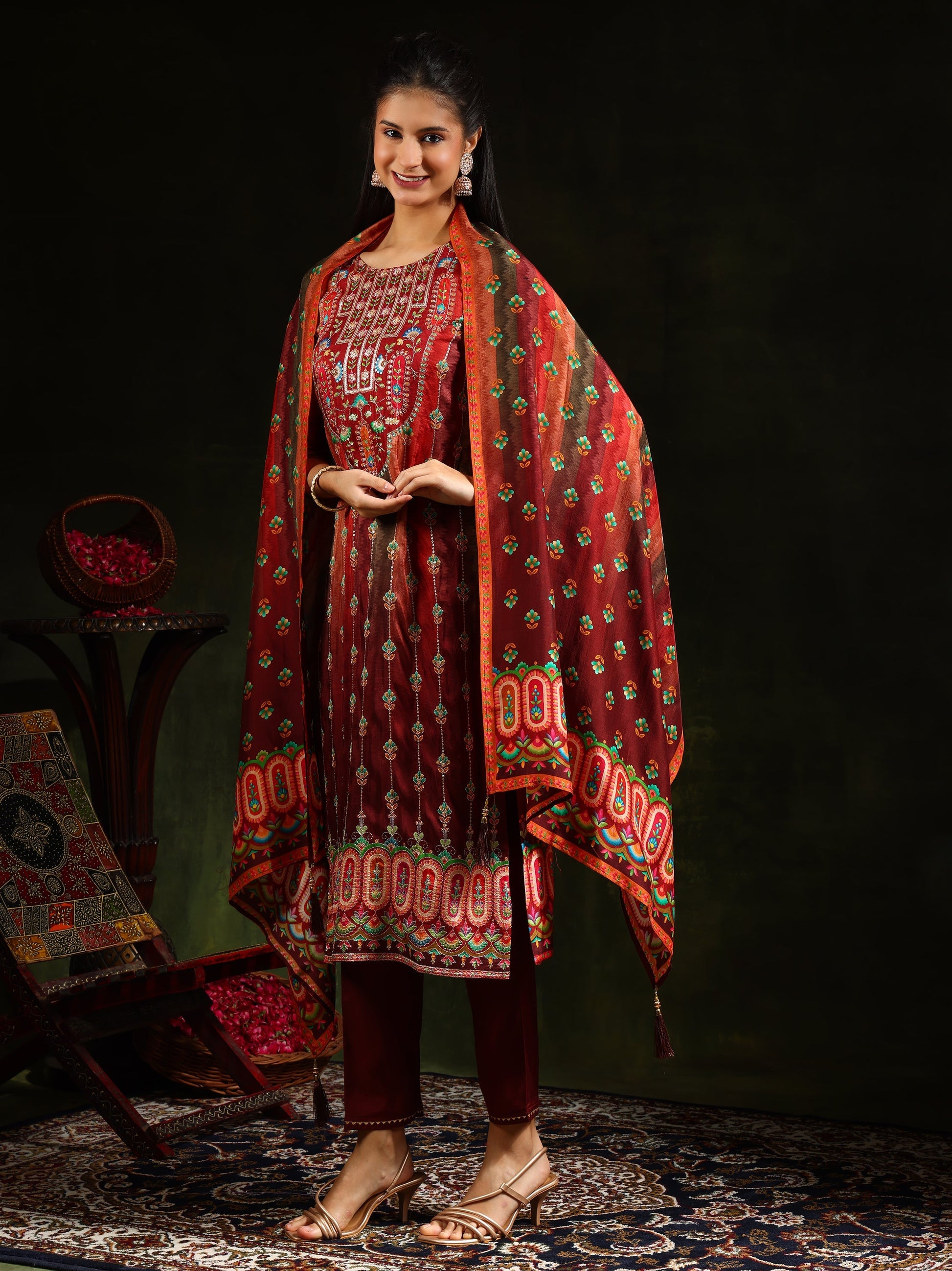 Embroidered & Printed Pure Silk Kurta With Pant & Printed Dupatta, Rust - Hiral Fashion