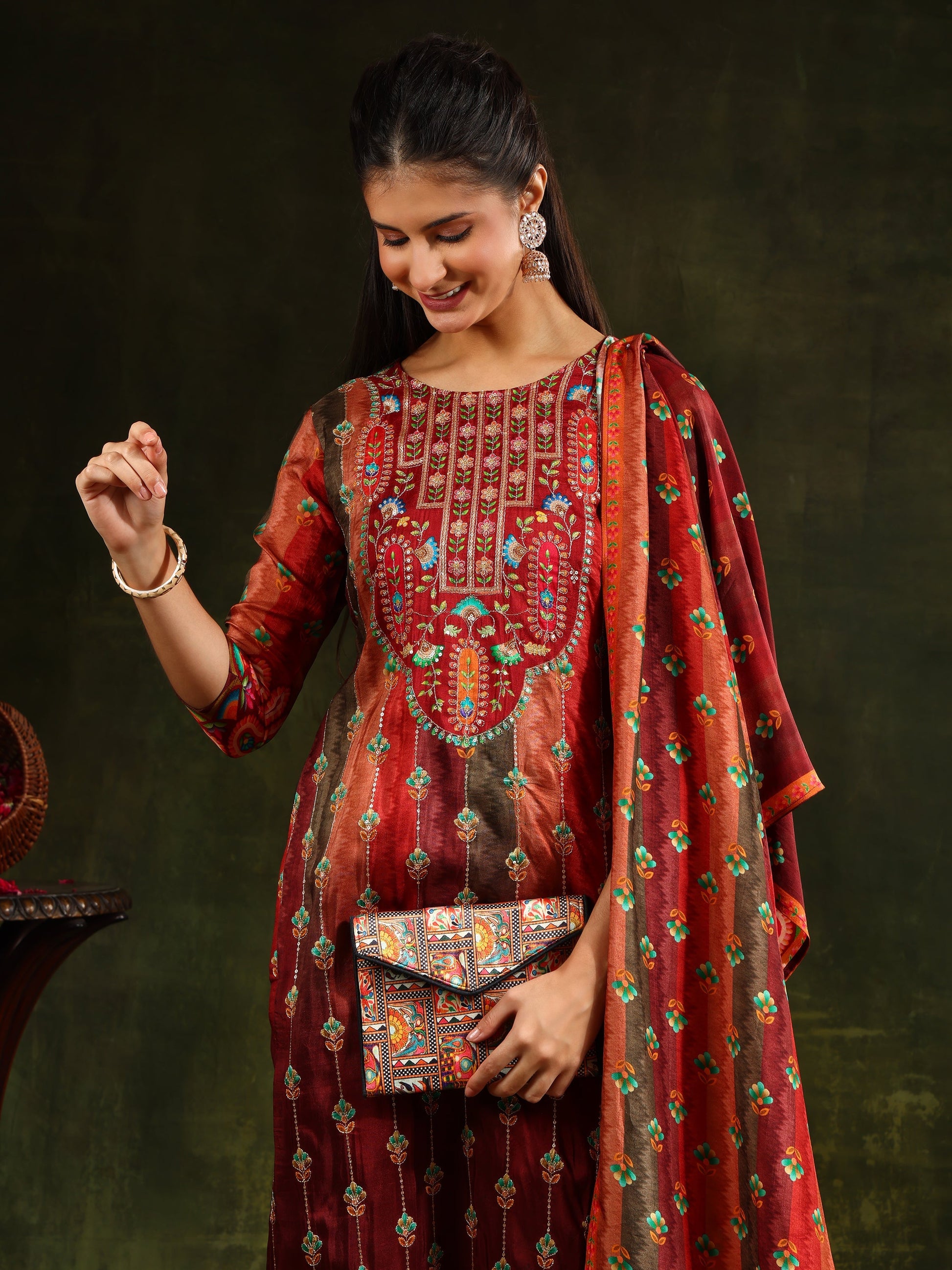 Embroidered & Printed Pure Silk Kurta With Pant & Printed Dupatta, Rust - Hiral Fashion