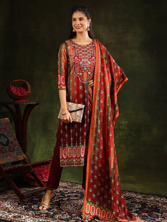 Embroidered & Printed Pure Silk Kurta With Pant & Printed Dupatta, Rust - Hiral Fashion