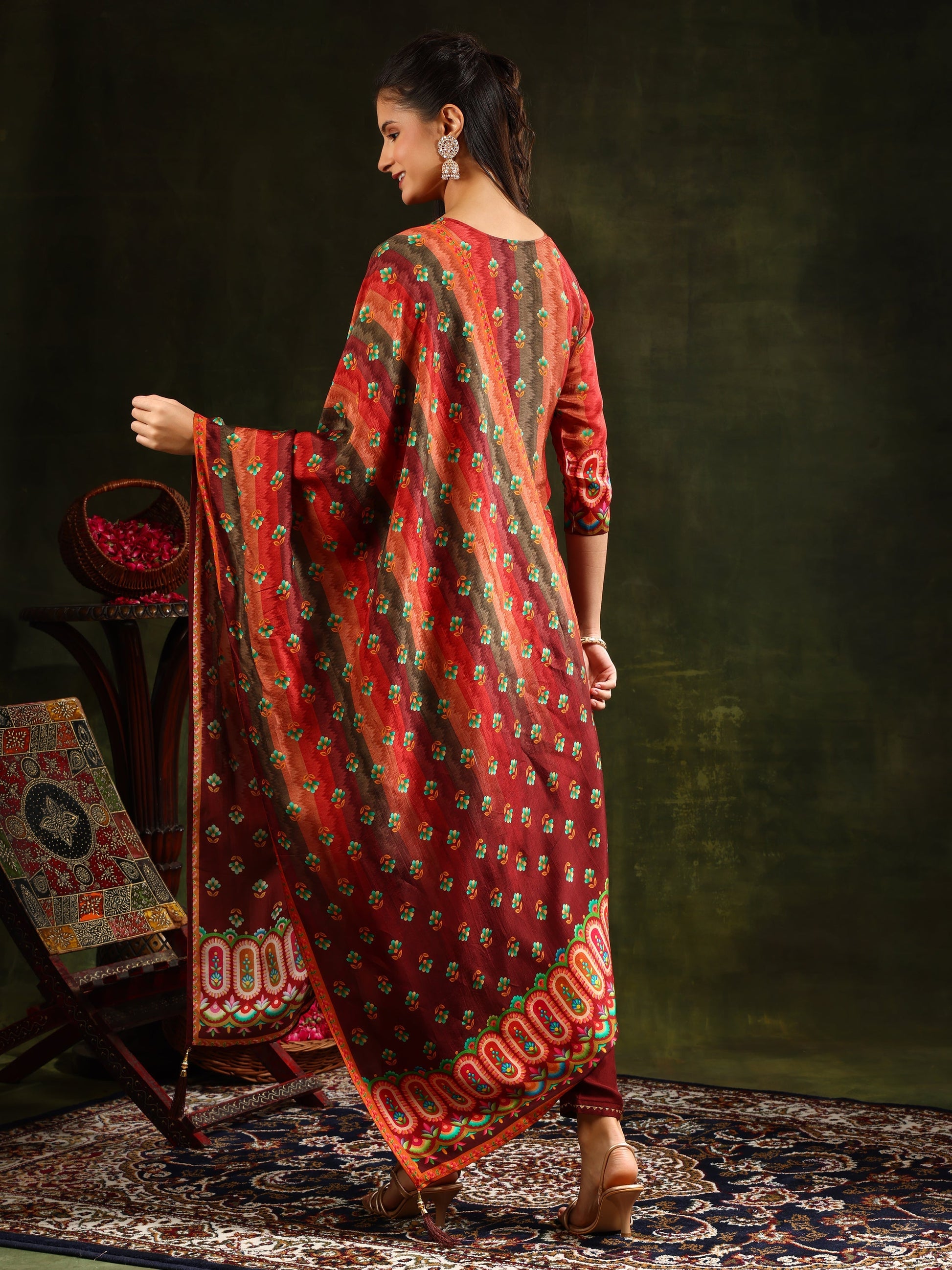 Embroidered & Printed Pure Silk Kurta With Pant & Printed Dupatta, Rust - Hiral Fashion