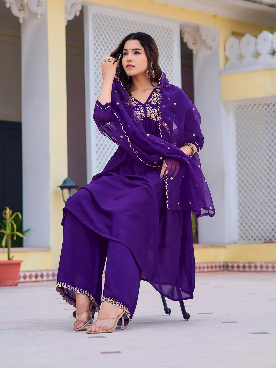 Alia Cut Embroidered Kurta With Pant & Dupatta, Purple - Hiral Fashion