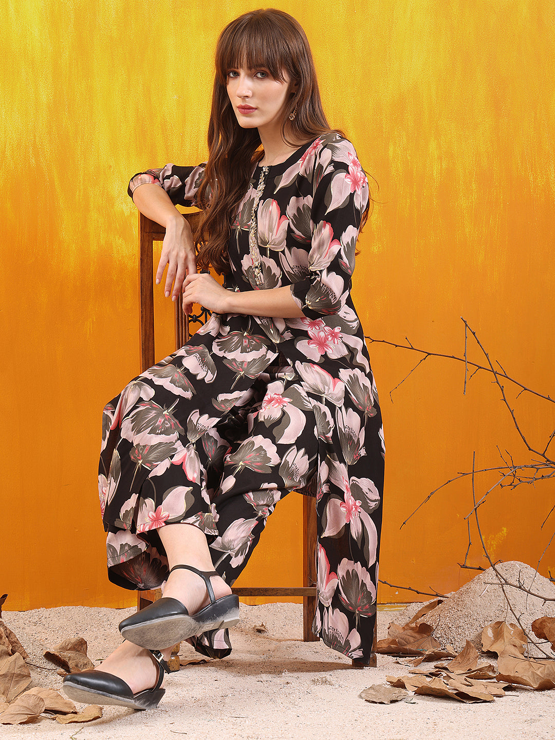 Floral Printed Front Slit Kurta With Palazzo Pant, Black - Hiral Fashion