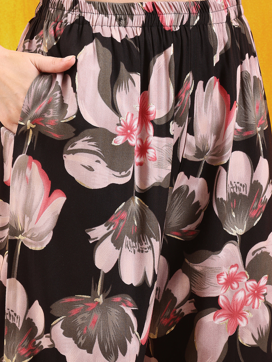 Floral Printed Front Slit Kurta With Palazzo Pant, Black - Hiral Fashion