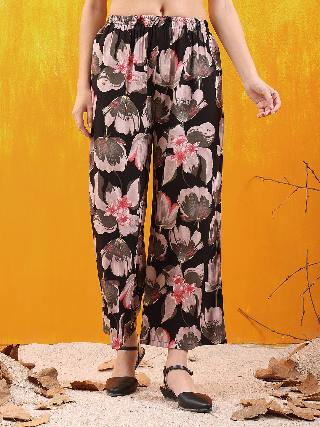Floral Printed Front Slit Kurta With Palazzo Pant, Black - Hiral Fashion