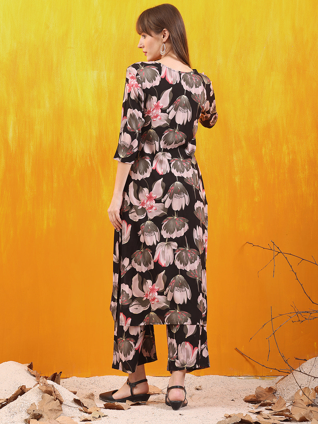 Floral Printed Front Slit Kurta With Palazzo Pant, Black - Hiral Fashion