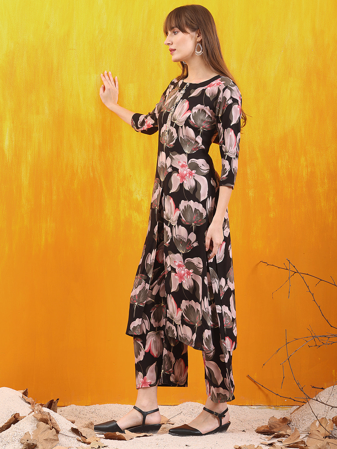 Floral Printed Front Slit Kurta With Palazzo Pant, Black - Hiral Fashion