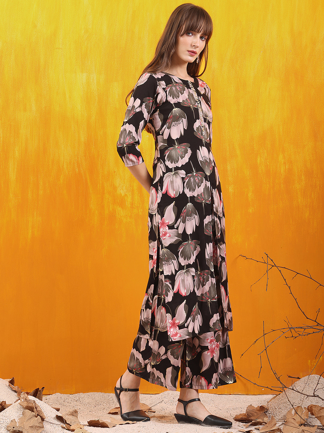 Floral Printed Front Slit Kurta With Palazzo Pant, Black - Hiral Fashion