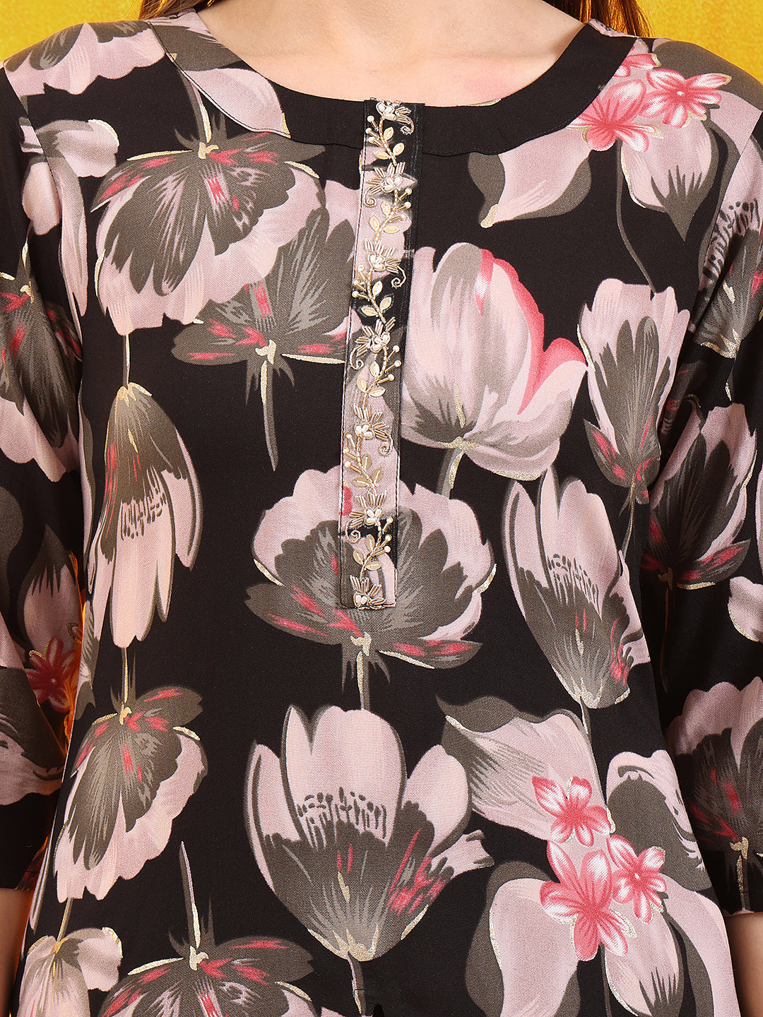 Floral Printed Front Slit Kurta With Palazzo Pant, Black - Hiral Fashion