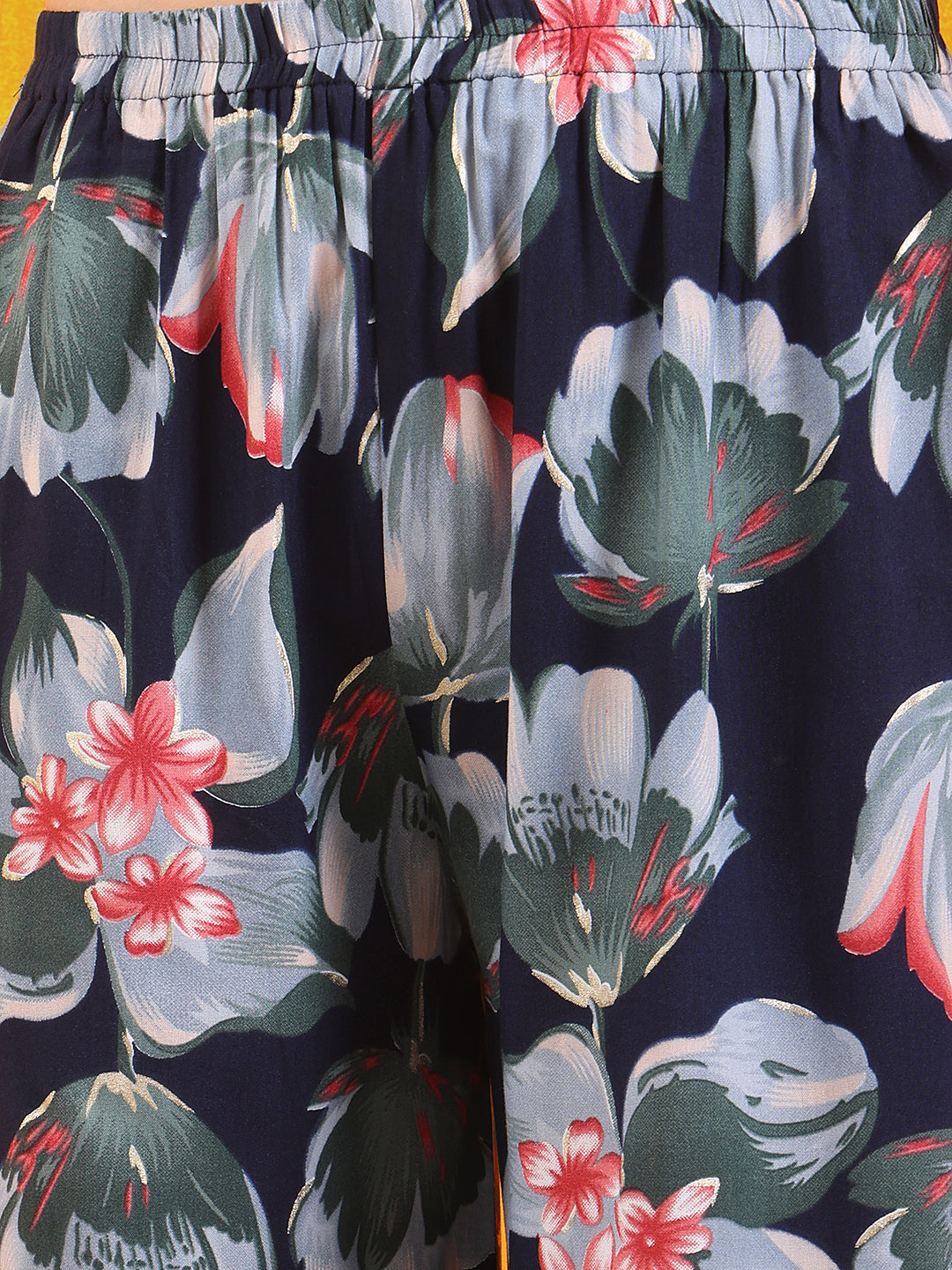 Floral Printed Front Slit Kurta With Palazzo Pant, Navy Blue - Hiral Fashion