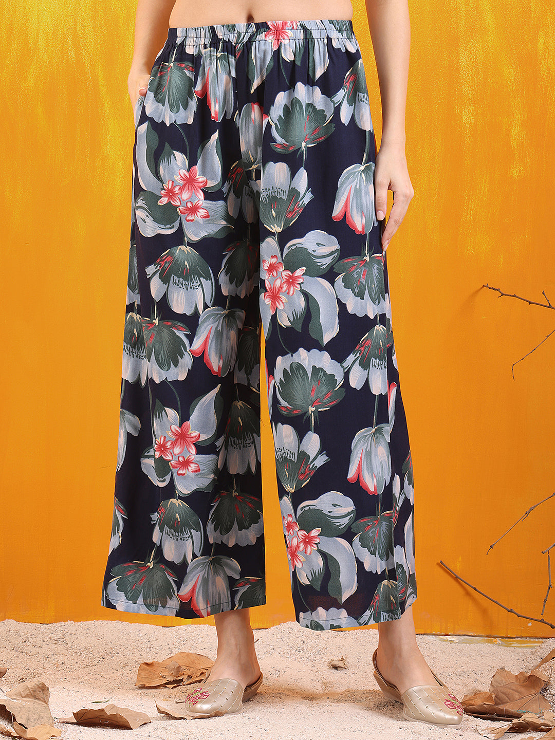 Floral Printed Front Slit Kurta With Palazzo Pant, Navy Blue - Hiral Fashion