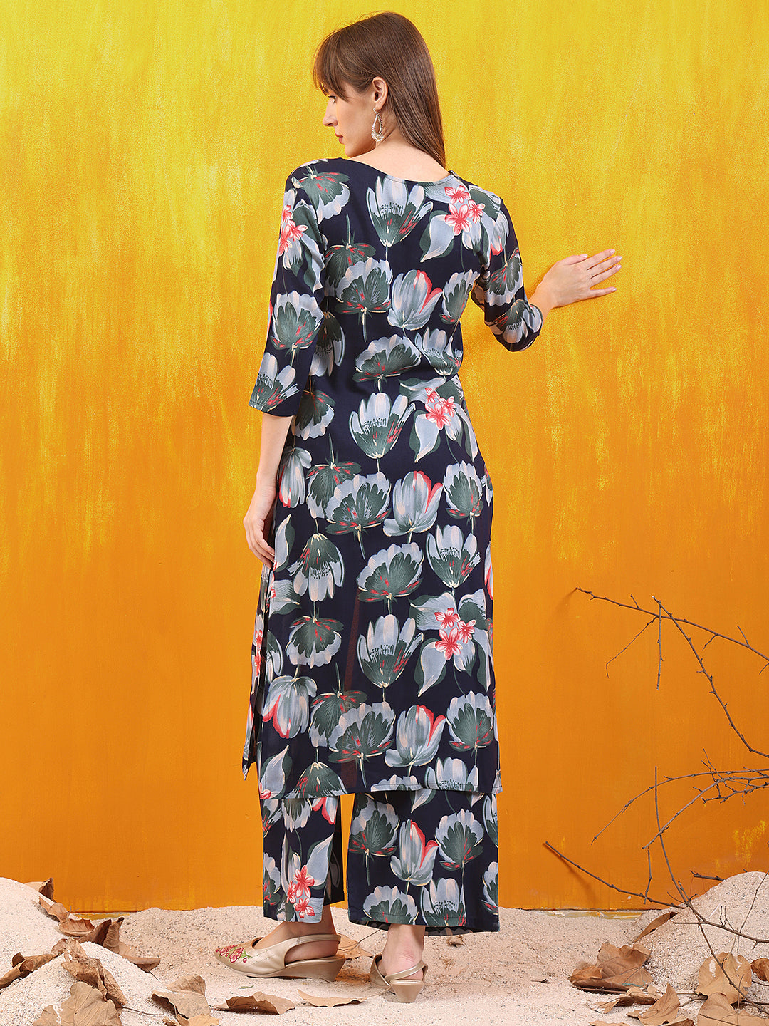 Floral Printed Front Slit Kurta With Palazzo Pant, Navy Blue - Hiral Fashion