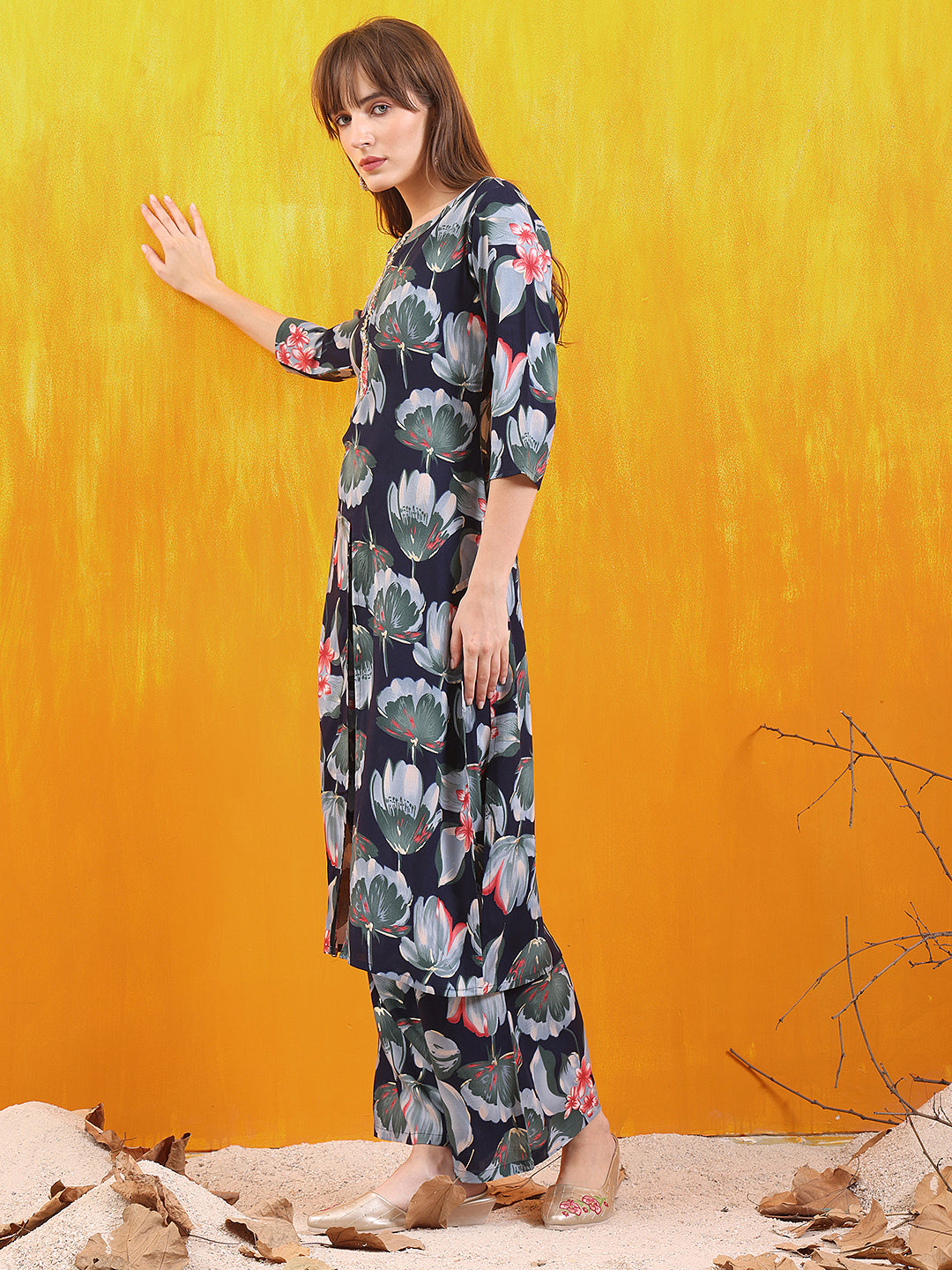 Floral Printed Front Slit Kurta With Palazzo Pant, Navy Blue - Hiral Fashion