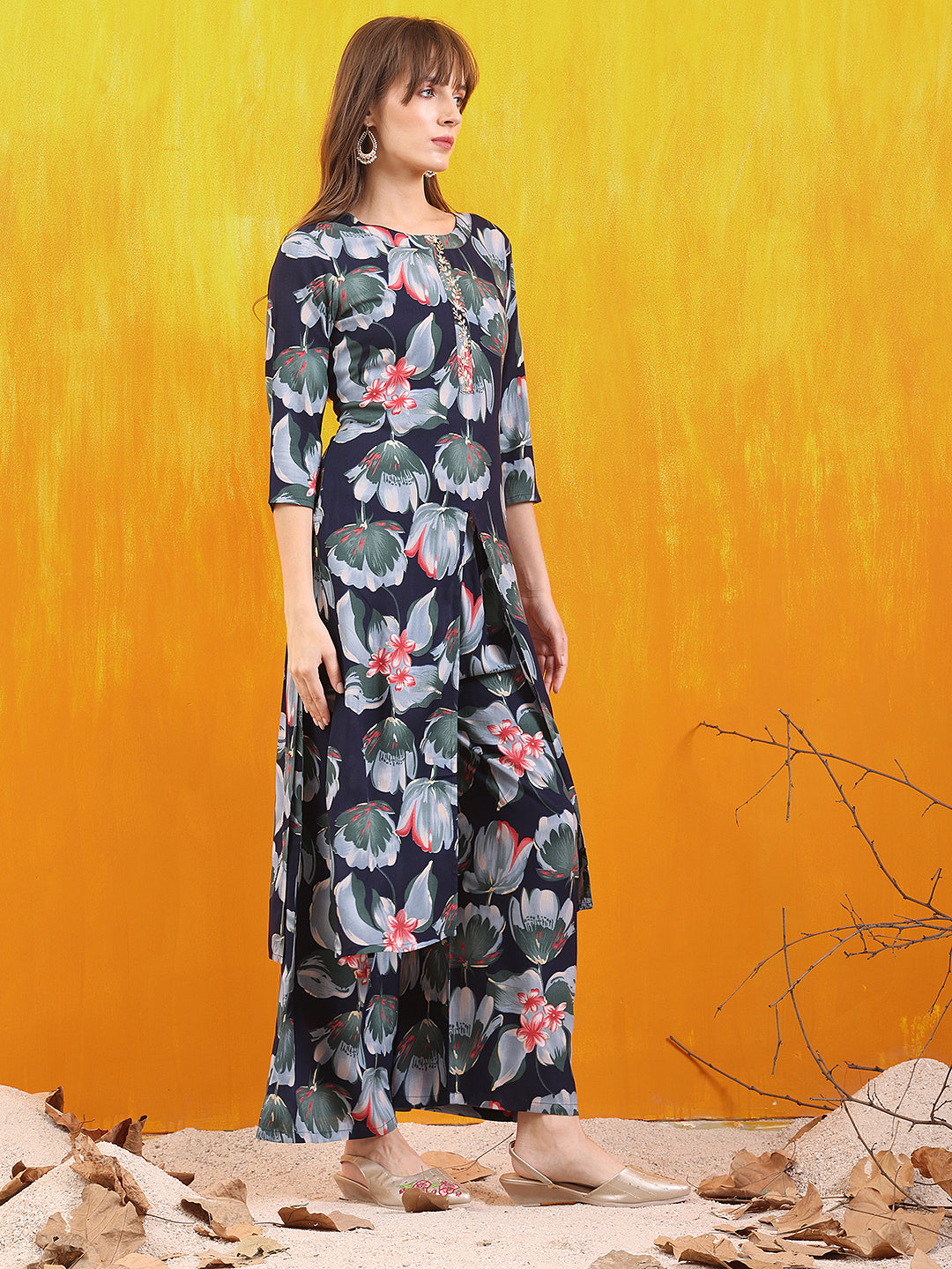 Floral Printed Front Slit Kurta With Palazzo Pant, Navy Blue - Hiral Fashion