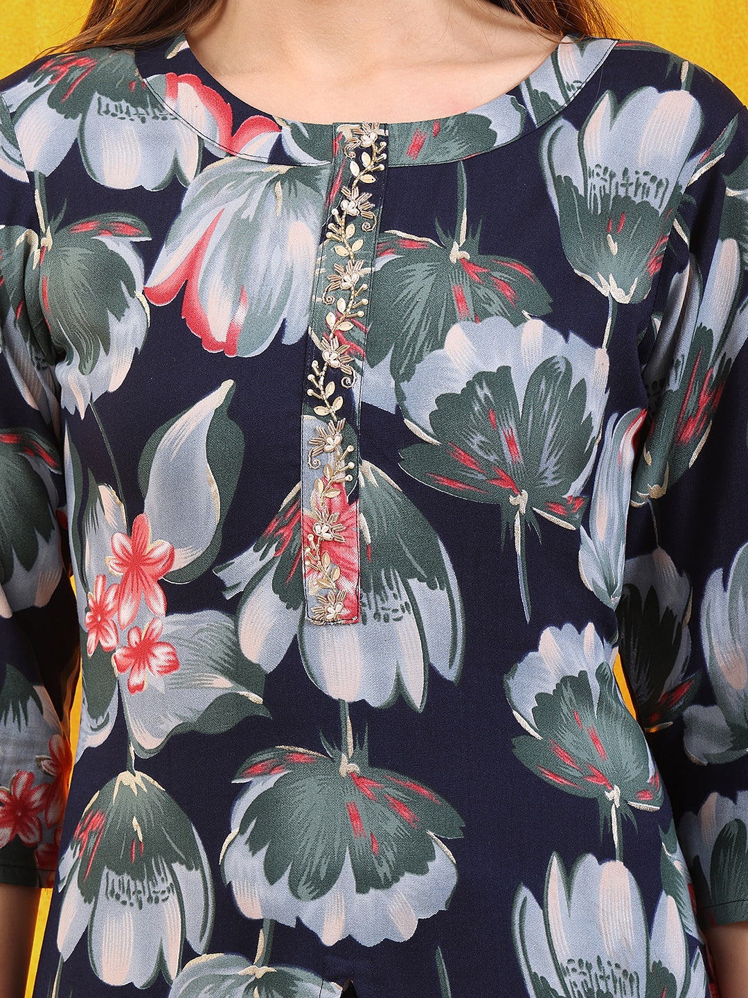 Floral Printed Front Slit Kurta With Palazzo Pant, Navy Blue - Hiral Fashion