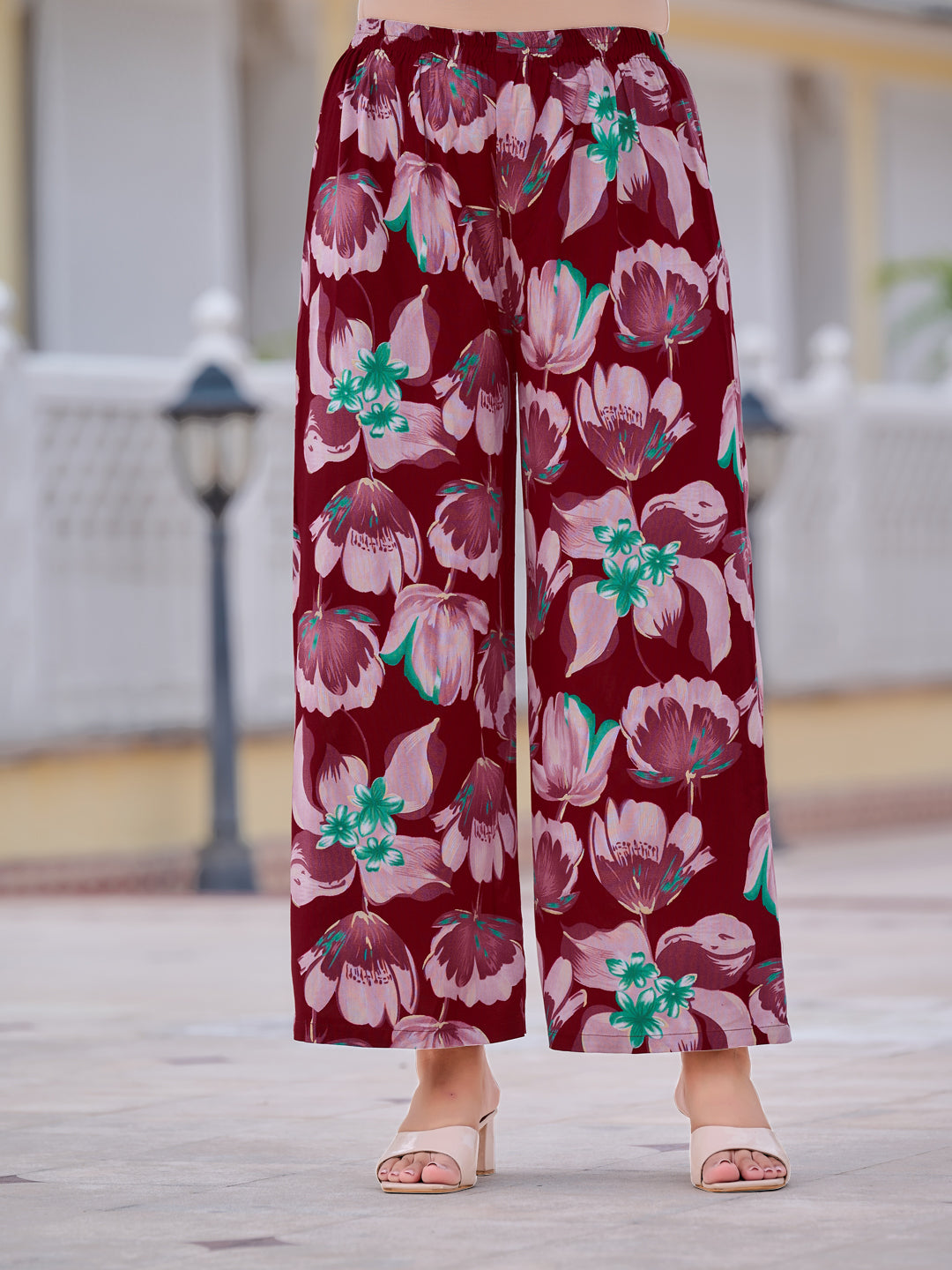Floral Printed Front Slit Kurta With Palazzo Pant, Purple - Hiral Fashion