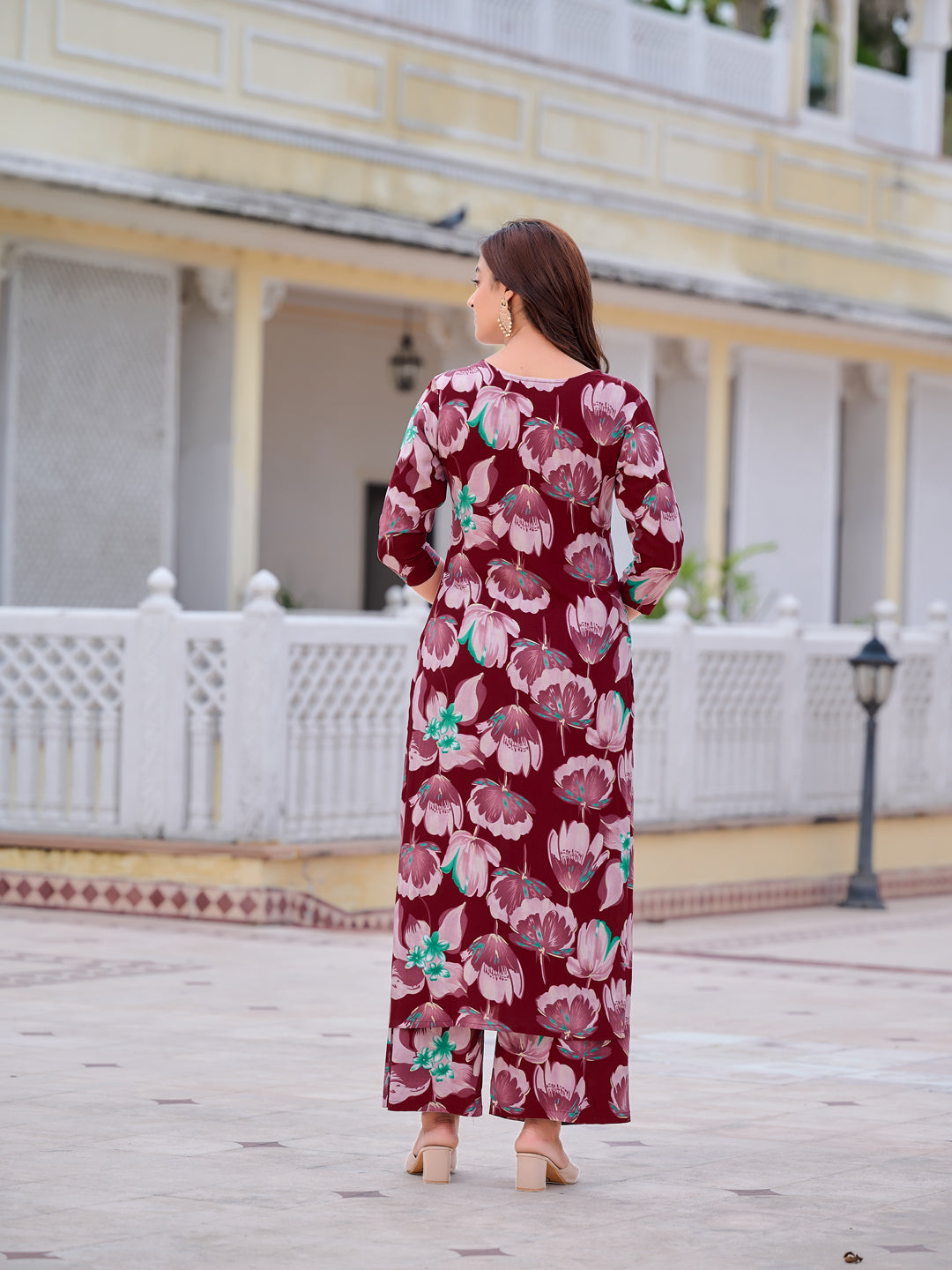Floral Printed Front Slit Kurta With Palazzo Pant, Purple - Hiral Fashion