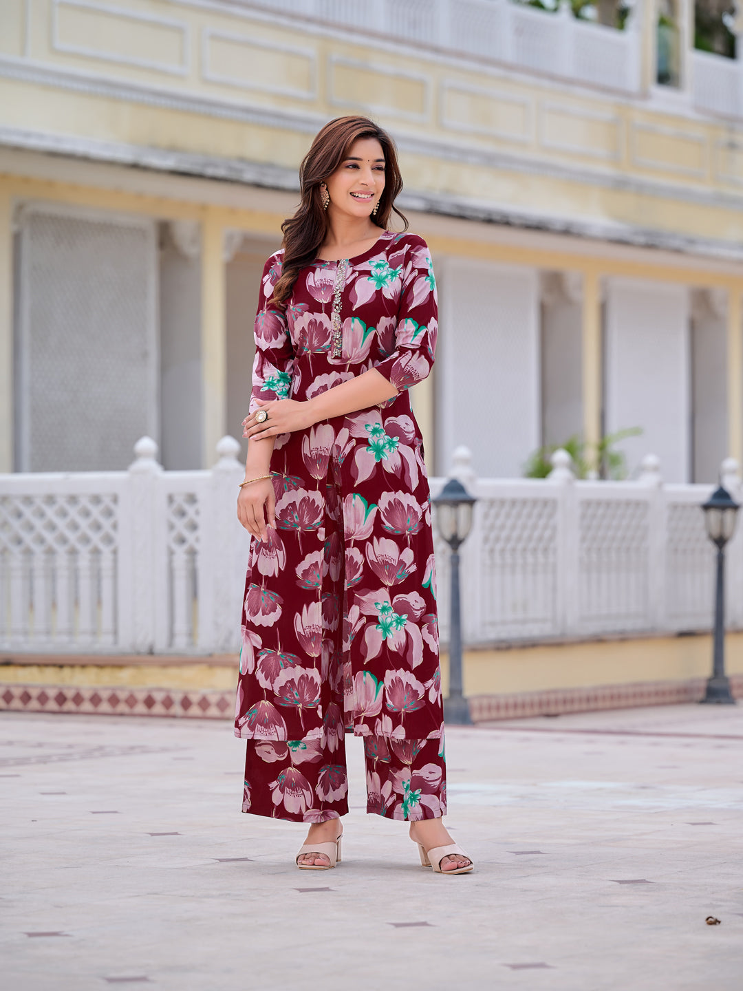Floral Printed Front Slit Kurta With Palazzo Pant, Purple - Hiral Fashion