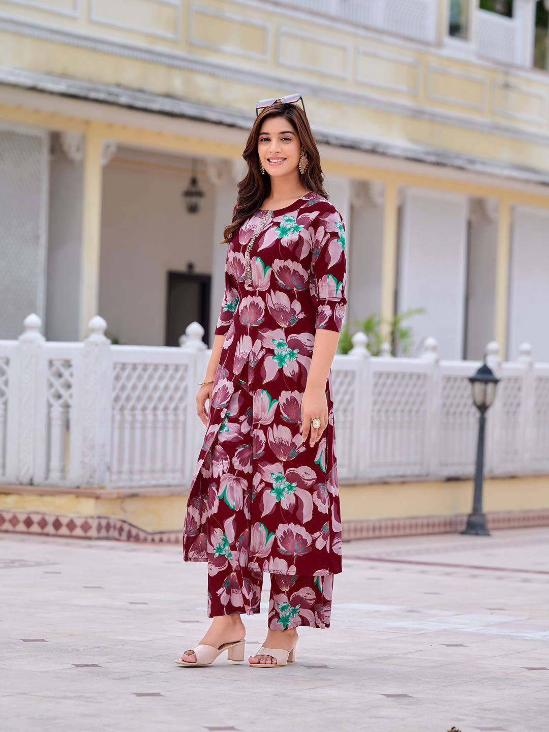 Floral Printed Front Slit Kurta With Palazzo Pant, Purple - Hiral Fashion
