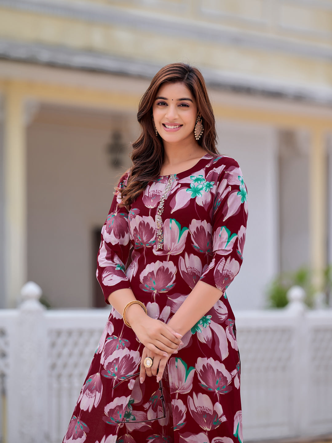 Floral Printed Front Slit Kurta With Palazzo Pant, Purple - Hiral Fashion