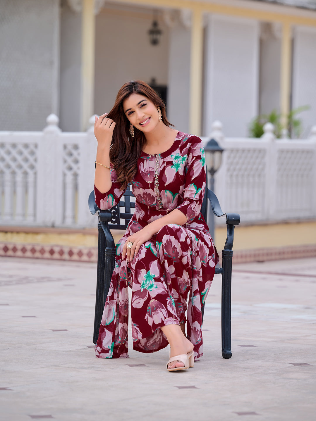 Floral Printed Front Slit Kurta With Palazzo Pant, Purple - Hiral Fashion