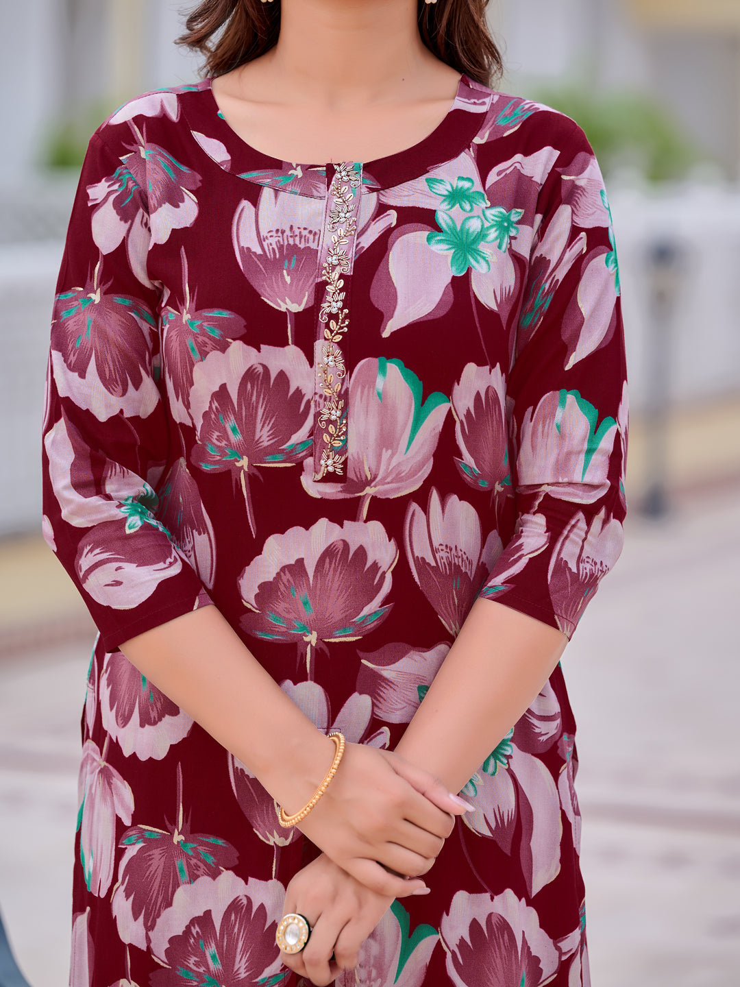 Floral Printed Front Slit Kurta With Palazzo Pant, Purple - Hiral Fashion