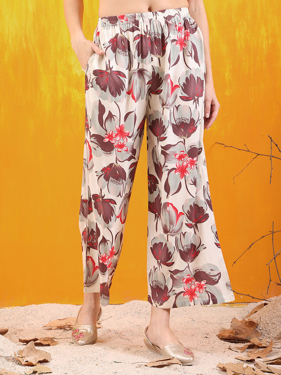 Floral Printed Front Slit Kurta With Palazzo Pant, White - Hiral Fashion
