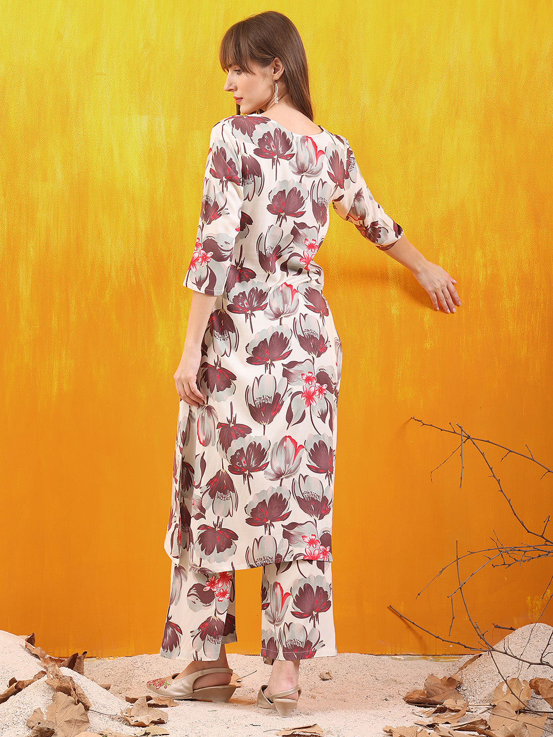 Floral Printed Front Slit Kurta With Palazzo Pant, White - Hiral Fashion