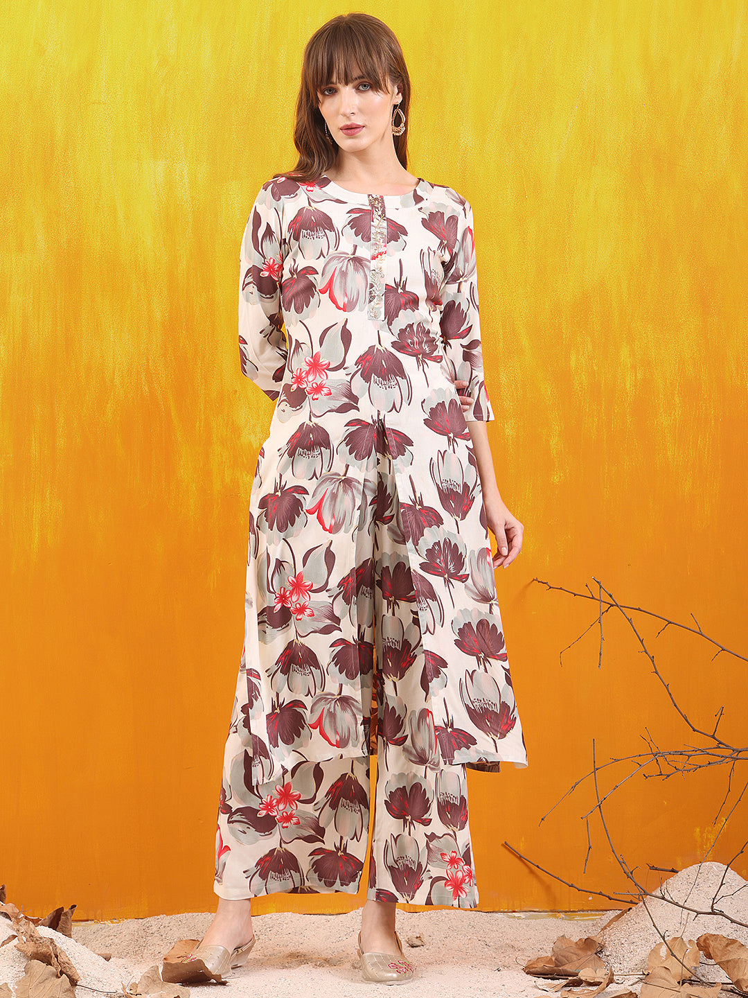Floral Printed Front Slit Kurta With Palazzo Pant, White - Hiral Fashion
