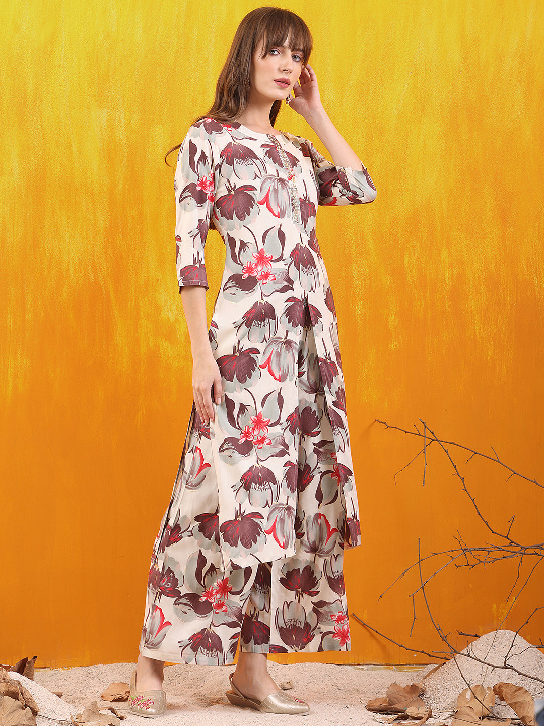 Floral Printed Front Slit Kurta With Palazzo Pant, White - Hiral Fashion