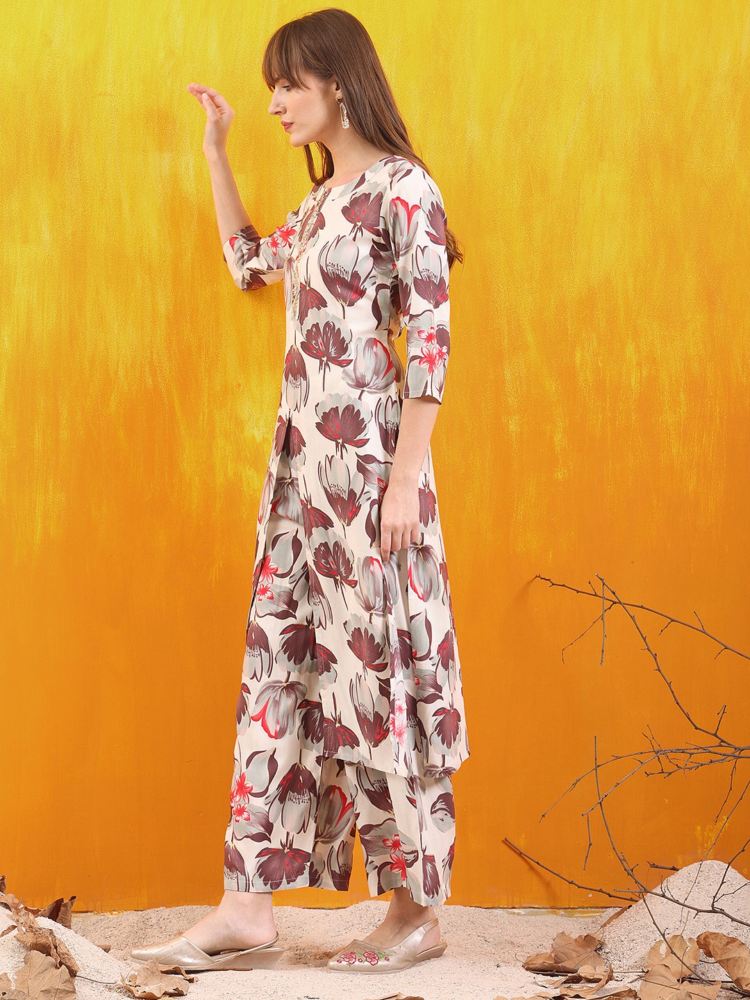 Floral Printed Front Slit Kurta With Palazzo Pant, White - Hiral Fashion