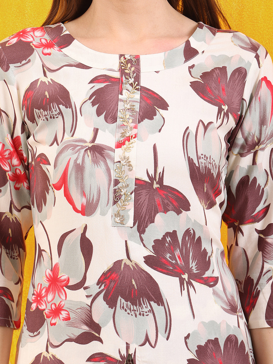 Floral Printed Front Slit Kurta With Palazzo Pant, White - Hiral Fashion