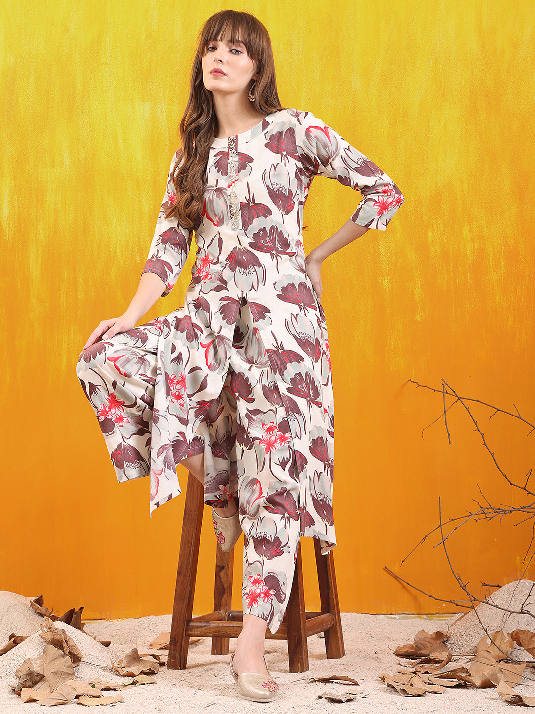 Floral Printed Front Slit Kurta With Palazzo Pant, White - Hiral Fashion