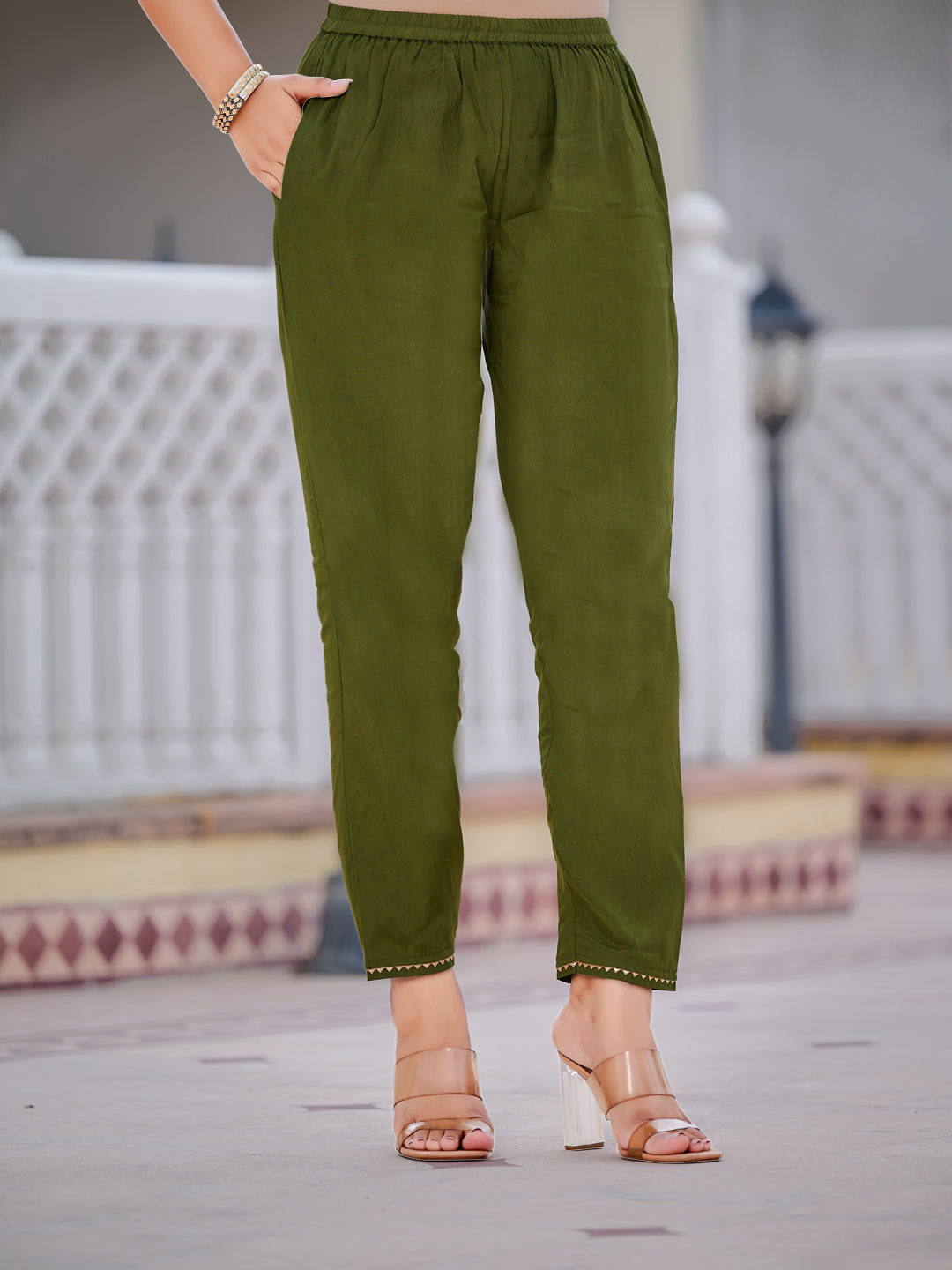 Pure Banarasi Jacquard Hand Embroidered Kurta With Pant & Banarasi Jacquard Dupatta, Green - Hiral Fashion