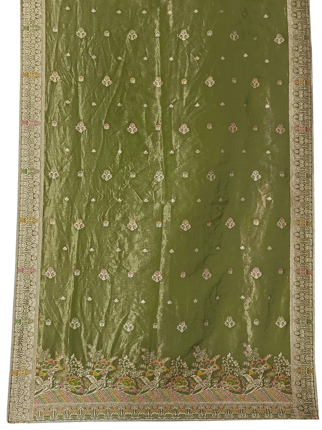 Pure Banarasi Jacquard Hand Embroidered Kurta With Pant & Banarasi Jacquard Dupatta, Green - Hiral Fashion
