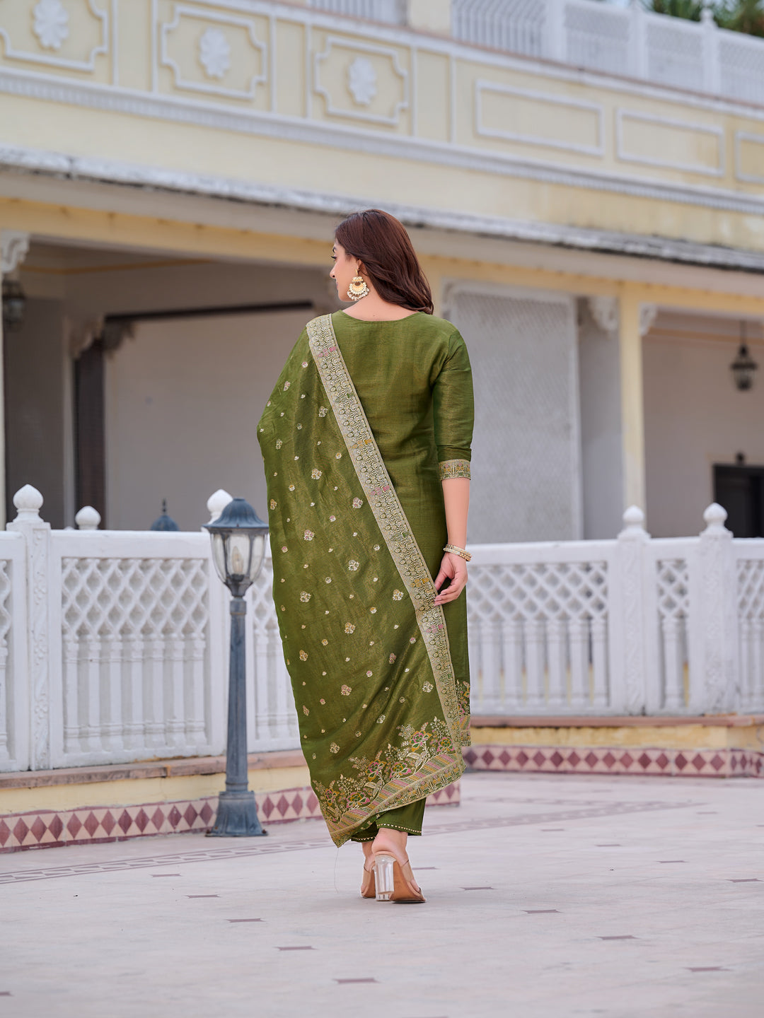 Pure Banarasi Jacquard Hand Embroidered Kurta With Pant & Banarasi Jacquard Dupatta, Green - Hiral Fashion