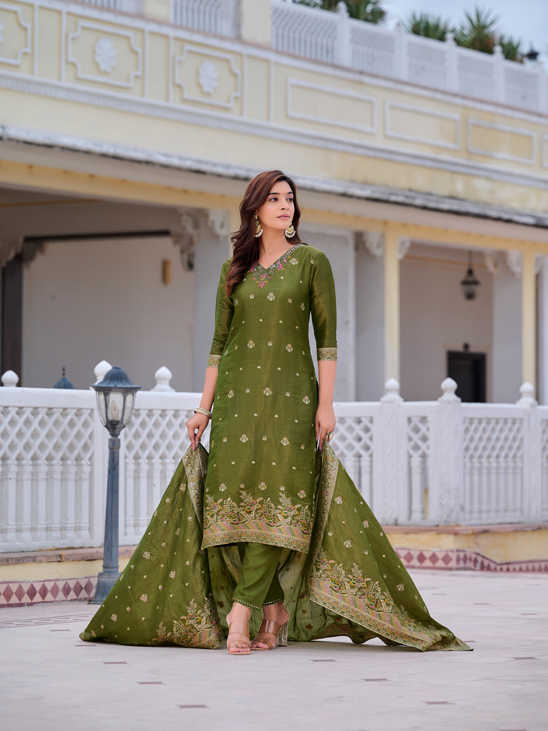 Pure Banarasi Jacquard Hand Embroidered Kurta With Pant & Banarasi Jacquard Dupatta, Green - Hiral Fashion