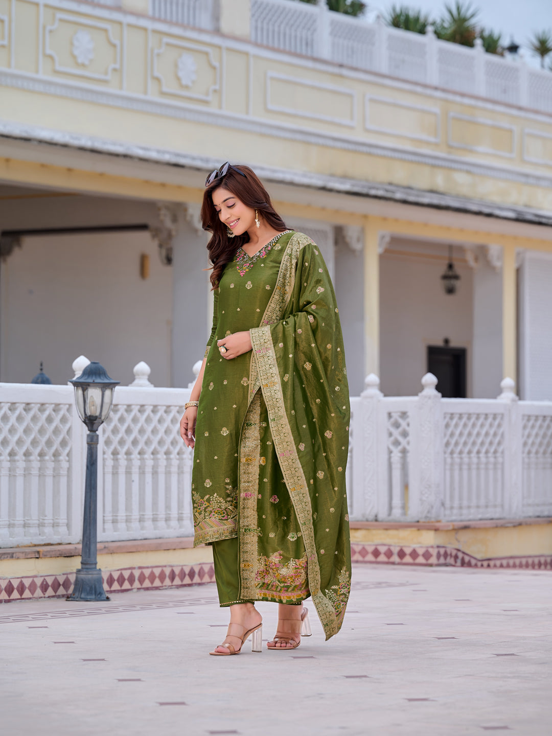 Pure Banarasi Jacquard Hand Embroidered Kurta With Pant & Banarasi Jacquard Dupatta, Green - Hiral Fashion